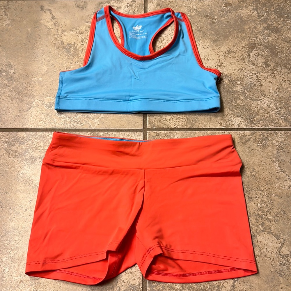 Lucky & Me Dance Athletic Sports Bra & Booty Shorts Set Melon & Blue sz 9/10